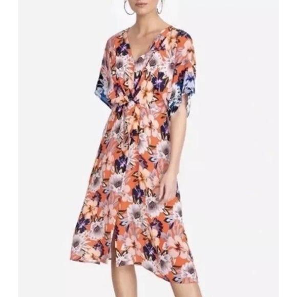 Johnny Was Jade Dress Large Deepika Tie Front Midi Floral Silky Orange Womens - Picture 3 of 16